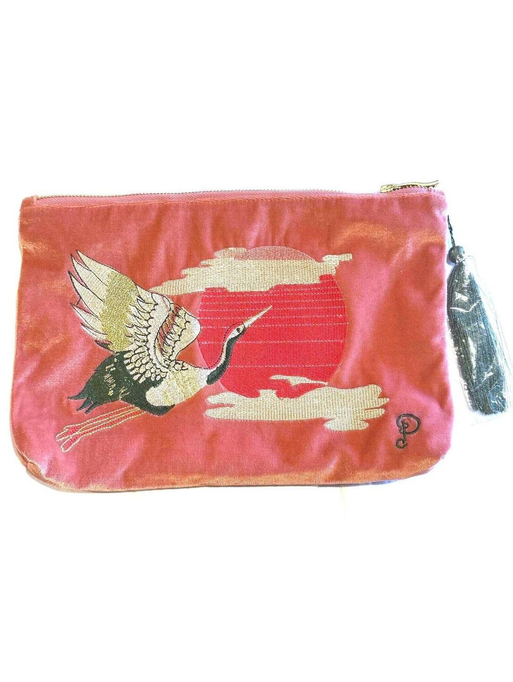 Powder Velvet Embroidered Crane At Sunset Pouch Cosmetics Bag With Tassel